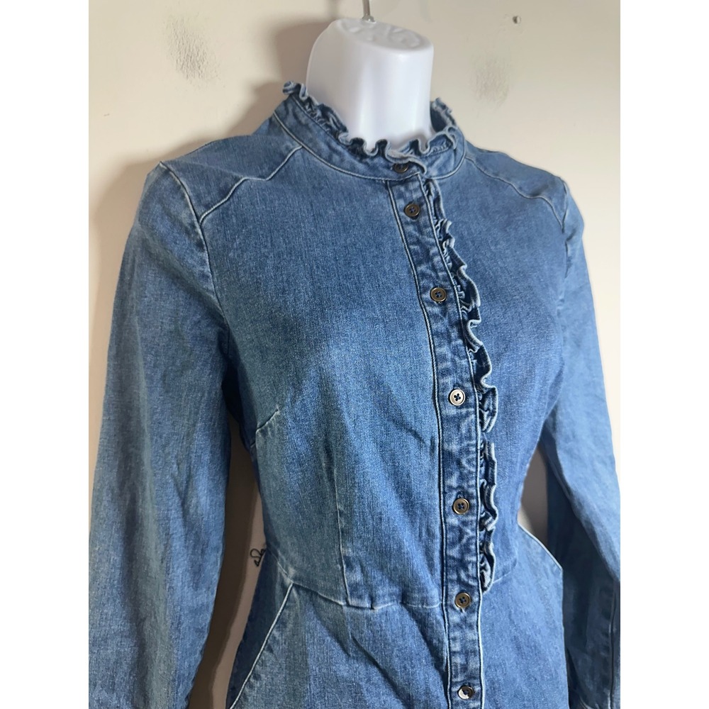 Boden Womens Blue Denim Ruffle Neck Button Front Long Sleeve Shirt Dress US 4R - Picture 4 of 9
